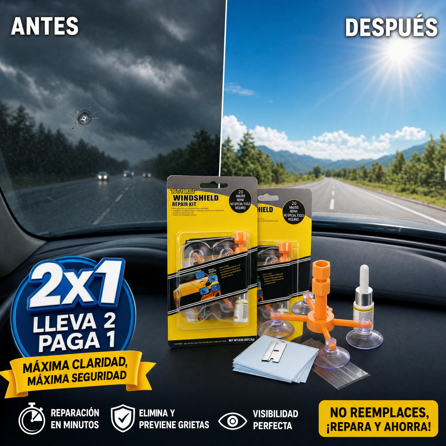 Kit Reparador de Parabrisas | Sella Piquetes y Trizaduras Sin Taller (Lleva 2 Paga 1)